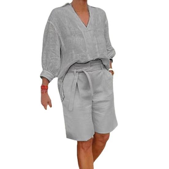 Women's Cotton Linen Two Piece Outfit Casual V-Neck Half Sleeve Lapel Shirt
