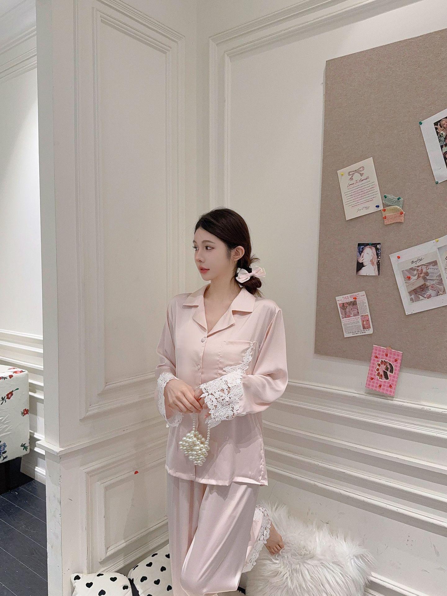 

Женская пижама из ледяного шелка класса люкс, весна/лето, атласная с кружевом, с длинным рукавом. XL розовый