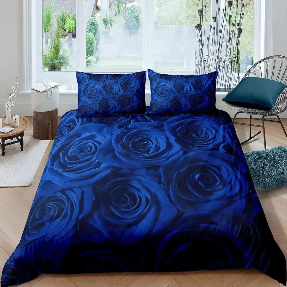 Blue Rose Floral King Queen Duvet Cover 3D Blossom Flowers Bedding Set Valentine's Day Quilt Cover Botanical Comforter Cover