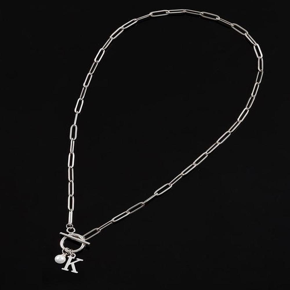26 Letter Imitation Pearl Pendant Popular Stainless Steel OT Buckle Paperclip Necklace Girls Jewelry