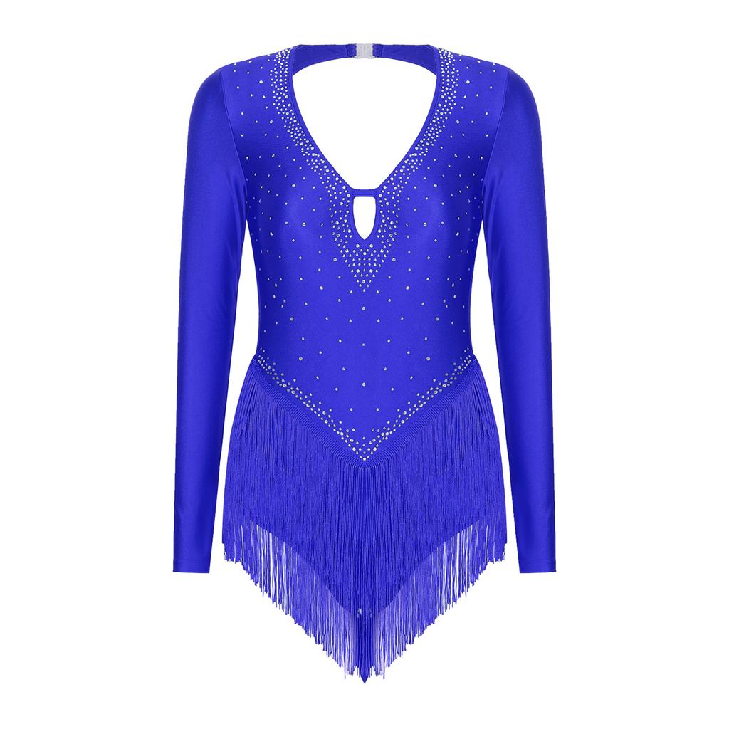 Body de Baile Latino Brillante con Pedrería para Mujer Cuello en V Profundo Manga Larga Leotardo con Flecos Espalda Descubierta Disfraz de Actuación