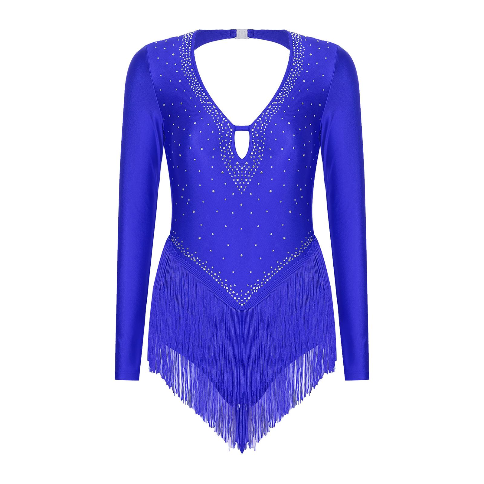 

Жіночий латиноамериканський купальник з довгим рукавом, відкритий на спині, з бахромою та стразами, танцювальний одяг S синій