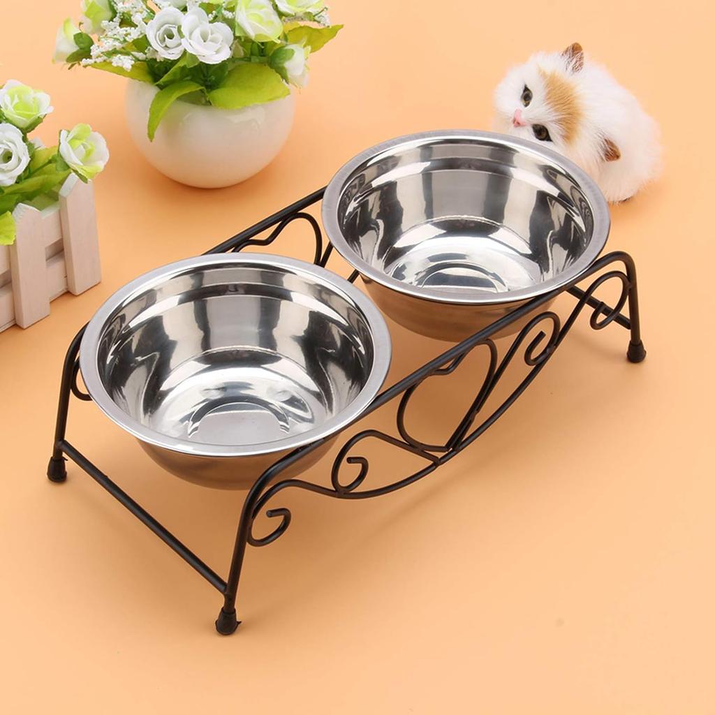 Pet Bowl, Stainless Steel Double Cat Dog Waterer Bowls Elevated Dog Feeder Pet Food Water Bowls with Retro Iron Stand Double Diner Feeder Bowls
