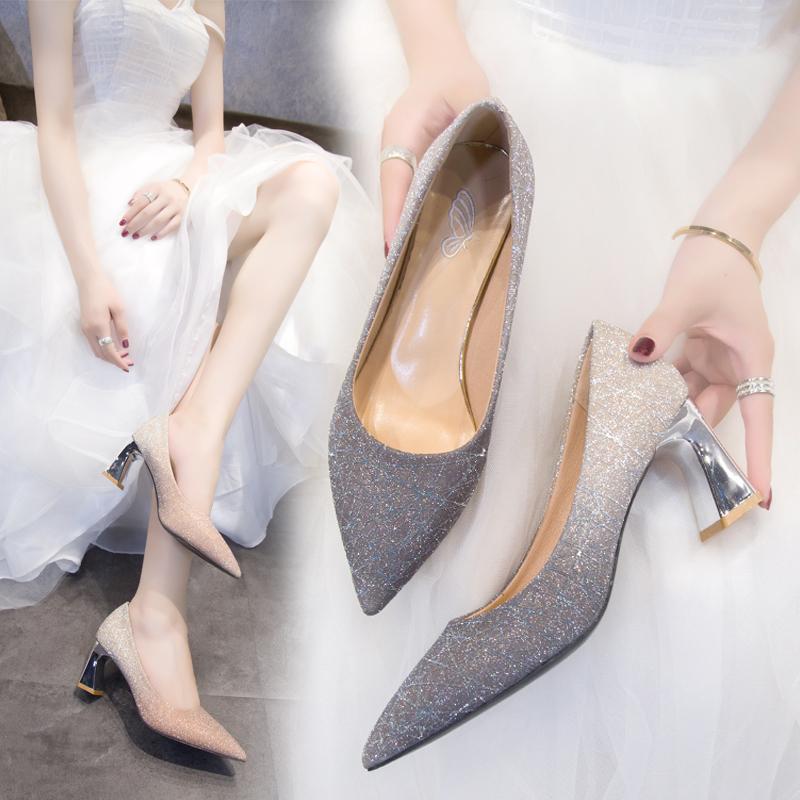 Sequins Wedding Party Shoes Women Sexy Pointed Toe 6.5cm Thick Heel Pumps Woman Slip-On Shining Banquet High Heels Shoes Female