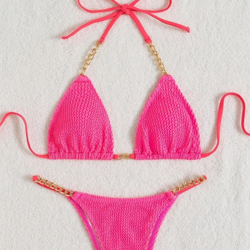 Women Sexy Solid Color Pleated Fabric Backless Two Piece Bikini Swimwear Set