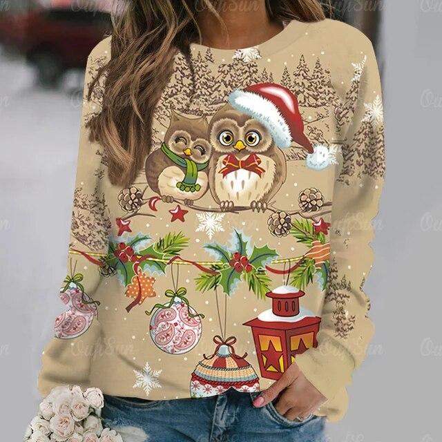 Autumn Fashion Long Sleeve T-Shirt Popular Women's Kawaii Owl Print Tees Aesthetics Round Neck Female Clothing Casual Street Top