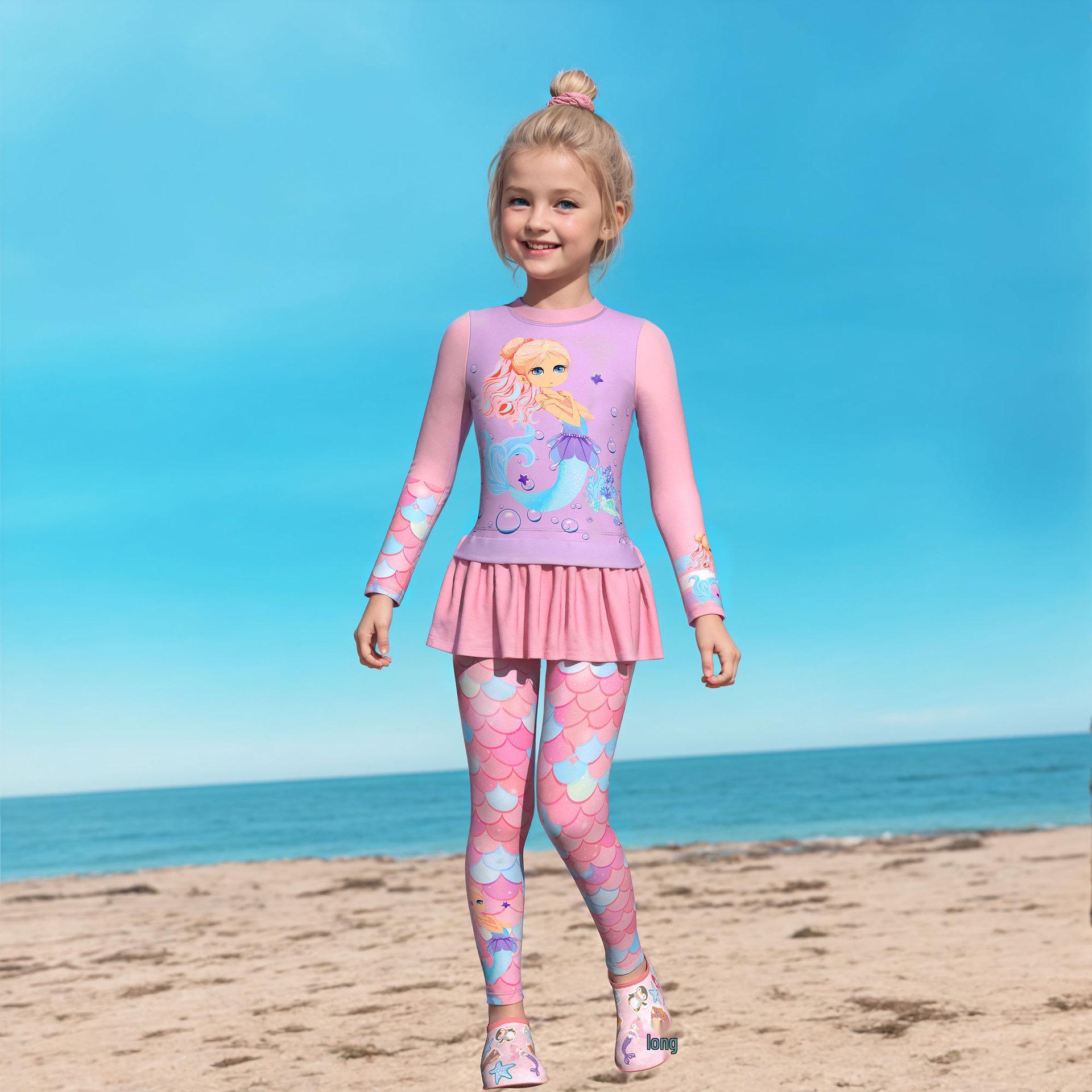 Mermaid Scale Long Sleeve Girls  Swimsuit with Sun Protection 5XL (Height: 140-150cm, Weight: 65-75kg)