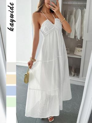 European-American Elegant Seaside Halter Neck Vacation Dress for Women - Spring/Summer 2025