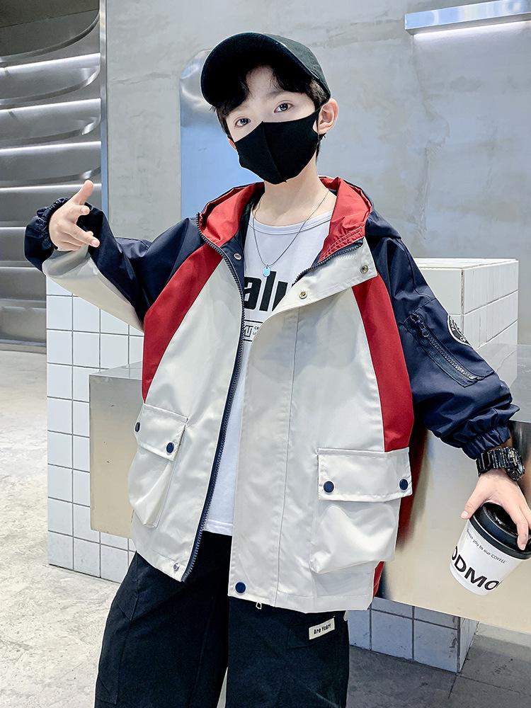 2025 Boys' Spring Hooded Windbreaker - Casual Patchwork Outerwear for Big Kids
