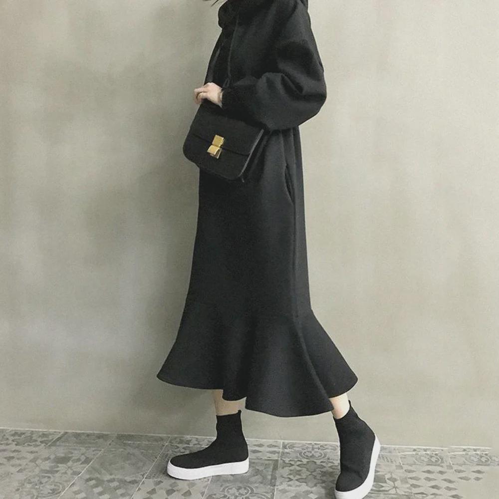 2024 Autumn/Winter Korean Style Loose Hooded Sweater Dress with Over-the-Knee Fishtail Skirt