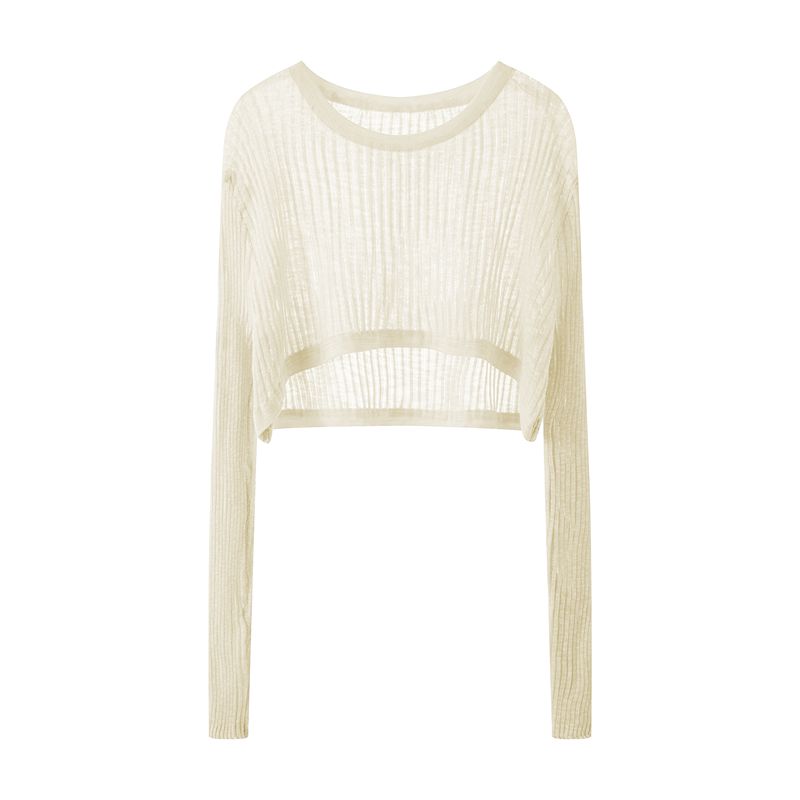 

Knitting Sun Protection Clothing Women s Summer Loose High Waist Short Outer Wear Air Conditioning Shirt Thin Long Sleeves round Neck Small Blouse Apricot S