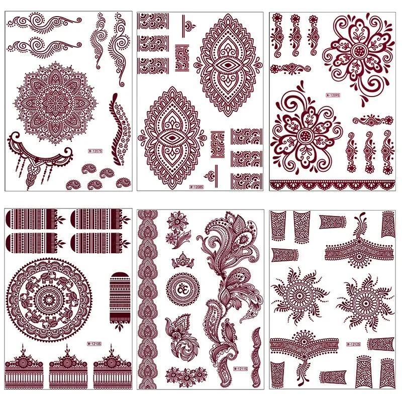 1pcs Red Lace Henna Tattoo Body Sticker Henna Art Temporary Tattoo Hand and Foot for Wedding Eid Al Fitr Coming-of-age Ceremony