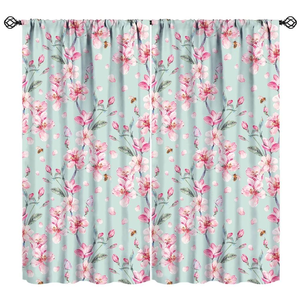Floral Curtain Spring Romantic Pink Cherry Blossom Print Curtains Girls Women Bedroom Living Room Kitchen Decor With Light Blocking Polyester Perfect