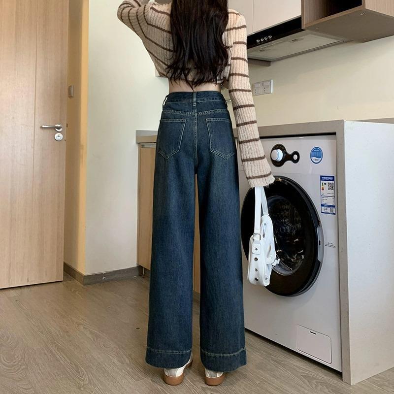 Damen Frühling/Sommer Retro Blaue High-Waist Straight-Leg Jeans - Schlankmachend, Lockere Passform, Fleecegefüttert für Kurvige Figuren