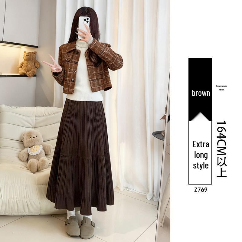 Women's Black Gold Velvet A-line Pleated Midi Skirt, High Waist, Spring/Autumn 2026