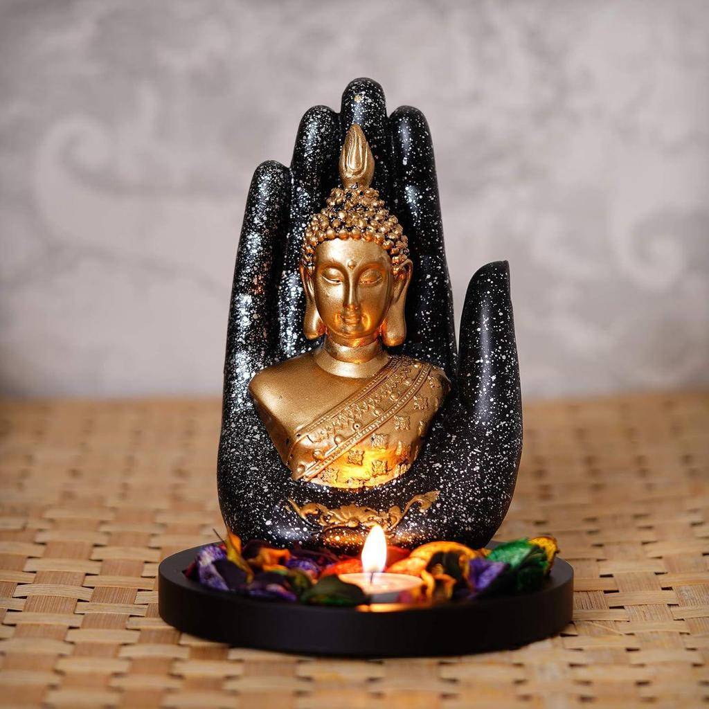 Black Golden Resin Palm Buddha Statue Tea Light Candle Holder | Buddha Showpiece for Home Decor Living Room Office |