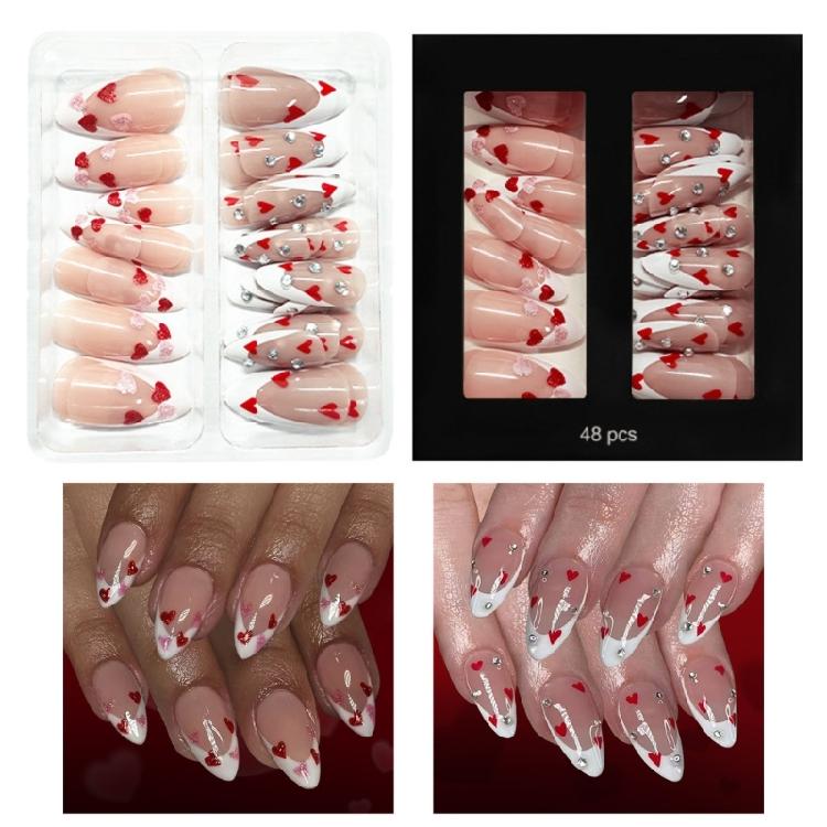 Women's Valentine Special Press On Nail 48Pcs Red Heart Glitters White French Design Multiple Sizes Easy Apply