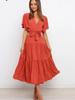 New Style V-Neck Solid Color Short Sleeve Ruched High-Waisted Dress Bohemian Maxi Dress