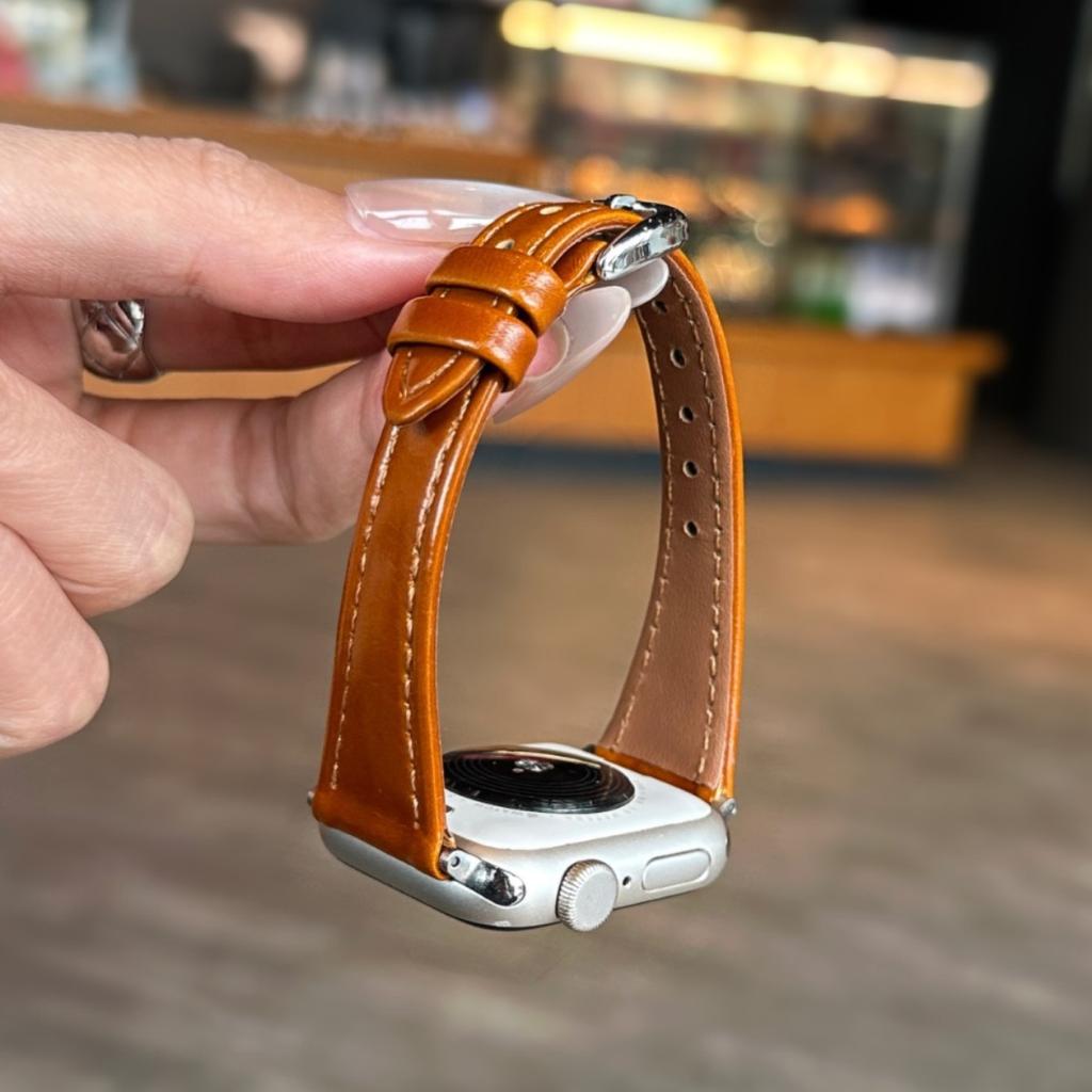 Leather Band for Apple Watch Compatible with iWatch 12/11/10/Ultra/SE, Premium Slim Glossy Genuine Leather Strap, Black