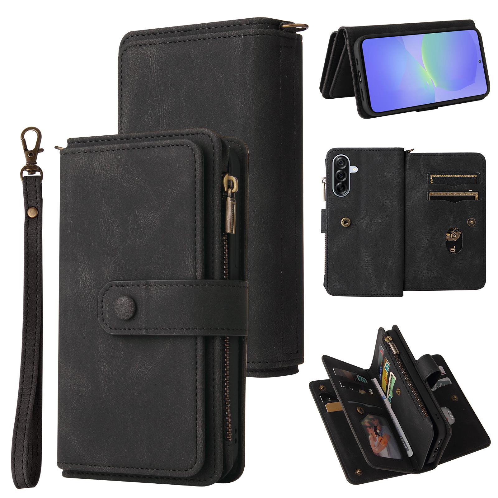 

For Samsung Galaxy A36 5G Zipper Wallet Case with 15 Card Slots and Strap Leather Phone Cover Black