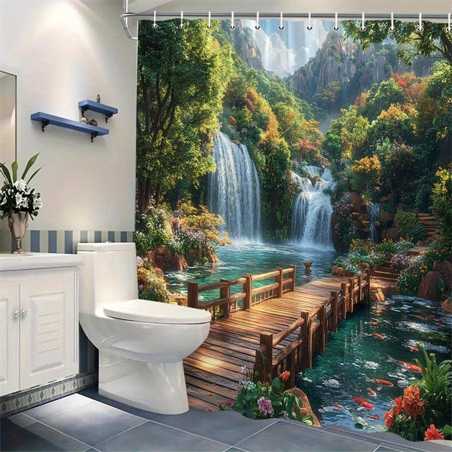 Annier Lush Waterfall And Bridge Garden Shower Curtain Washable Dirt-Resistant Shower Head Waterproof Polyester Bath Curtain
