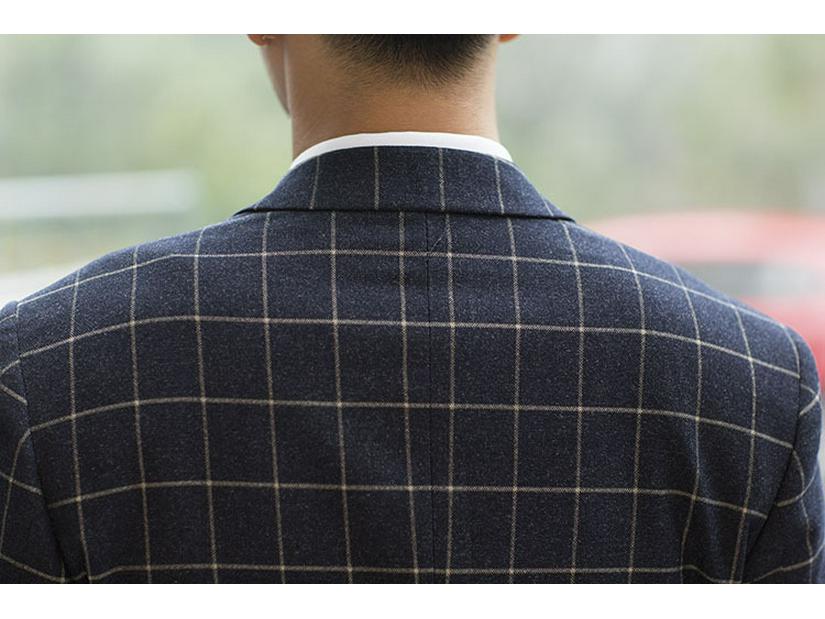 Men's Blue Plaid Slim Fit Blazer & Suit Set - Korean Style Two-Button Casual Tuxedo