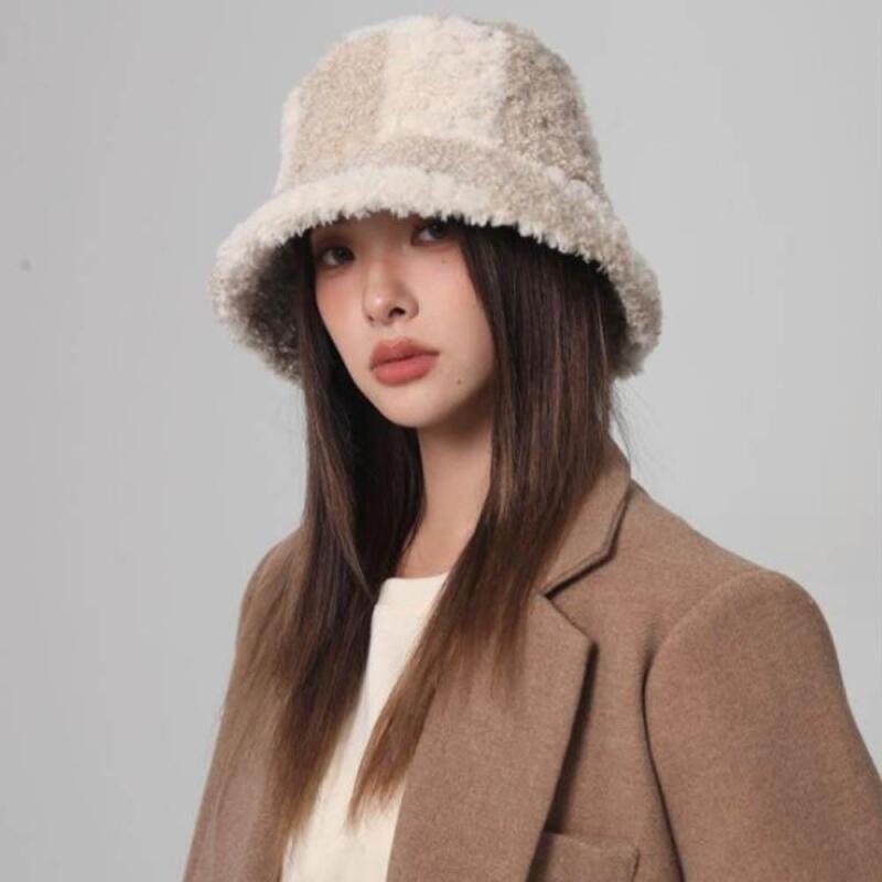 Женская и мужская узорчатая меховая шапка-панама двухцветная C6391_Beige