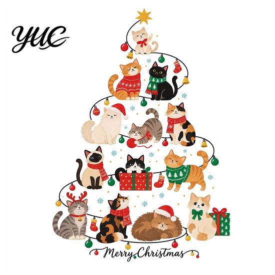 Bedroom Wall Stickers Christmas Tree Shape with Xmas Elements/Puppy/Kitten Patterns, Self-Adhesive PVC Decals, Decorative Decor Removable Art