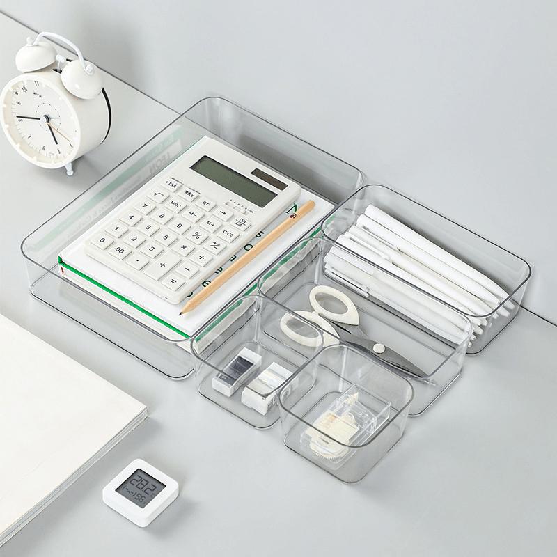 4 Stück Großvolumige Transparente Kunststoff Schreibtisch Schubladen Organizer Box - Robuster Mehrzweck Aufbewahrungsbehälter für Bürobedarf