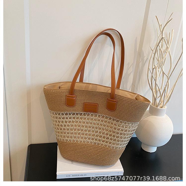 Shoulder large capacity women's bag seaside vacation woven tote bag straw bag portable French beach bag new