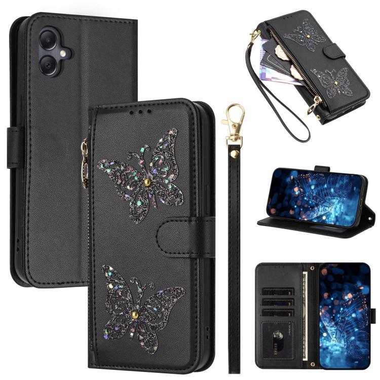 Glitzer Schmetterling Reißverschluss Veganes Leder Handyhülle Für Galaxy A07 4G / A06 5G / A06 4G, Kartenhalter Handgelenkschlaufe Stoßfeste Hülle