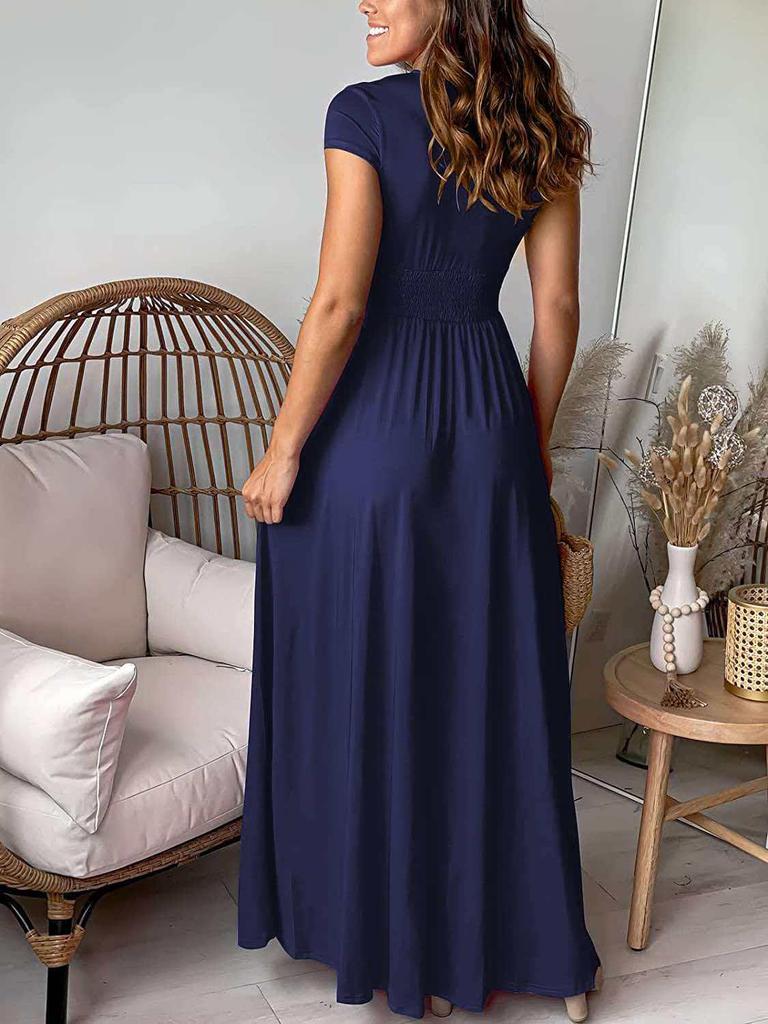 Women's Deep V-neck Pleated High-waisted Slit Evening Gown