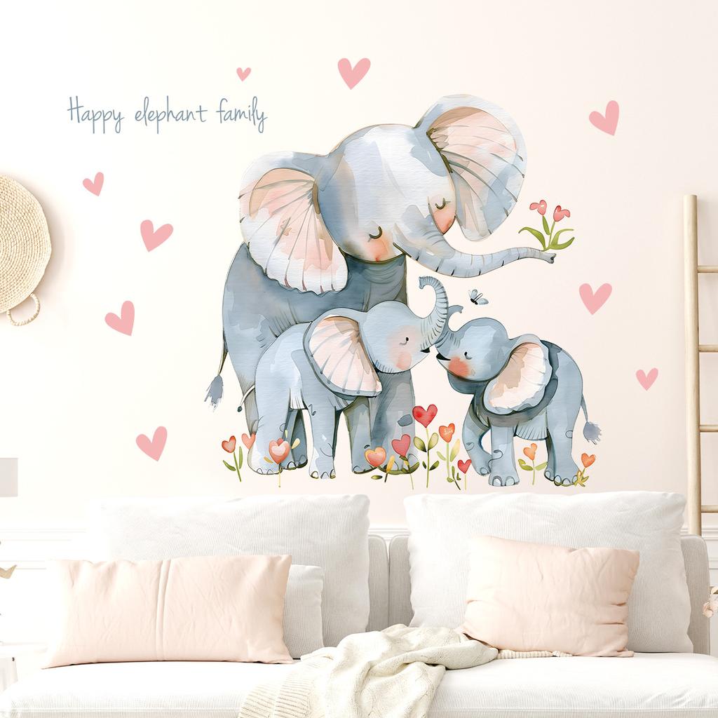 Cartoon Cute Elephant with Hearts and Flowers Wall Stickers, Self-Adhesive Decor for Kids Room Bedroom Decoration
