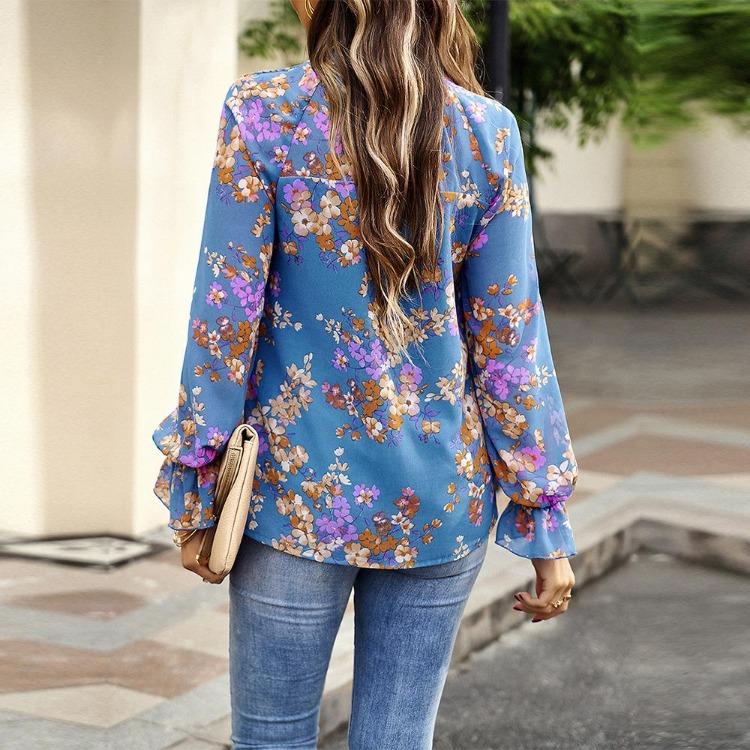 Autumn Women Blouse Floral Half High Neck Sleeve Lantern Tops Temperament Commuter Fashion