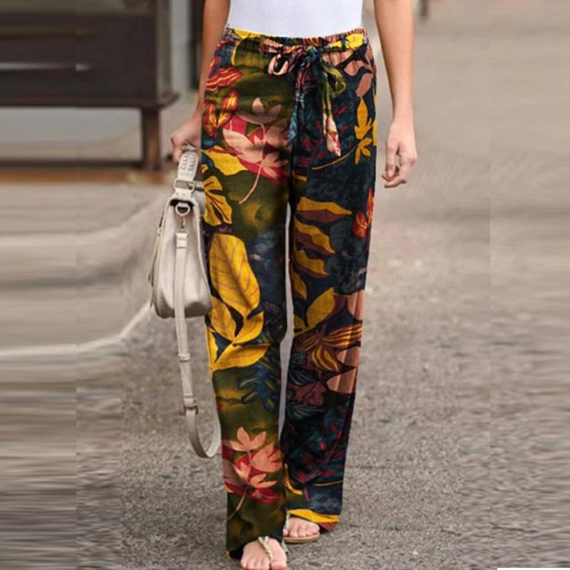 Vintage Women Drawstring Trousers Spring Autumn Fashion Floral Printed Wide Leg Pants Ladies Casual Loose Long Pant