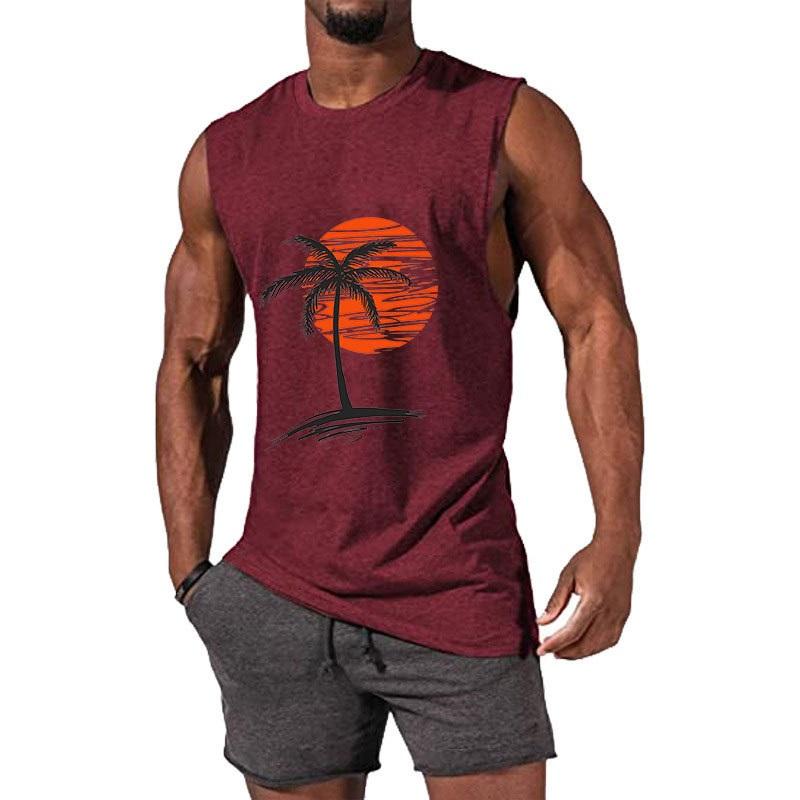 Sommer Neuer Stil Herrenweste Muskel Herren Sport- und Freizeitweste Wärmeübertragung Kokospalme Herren Top T-Shirt