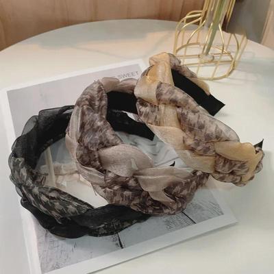 Brede Organza Inkttekening Gesplitste Gevlochten Hoofdband - High-End Feeënstijl Mesh Ontwerp voor Vrouwen