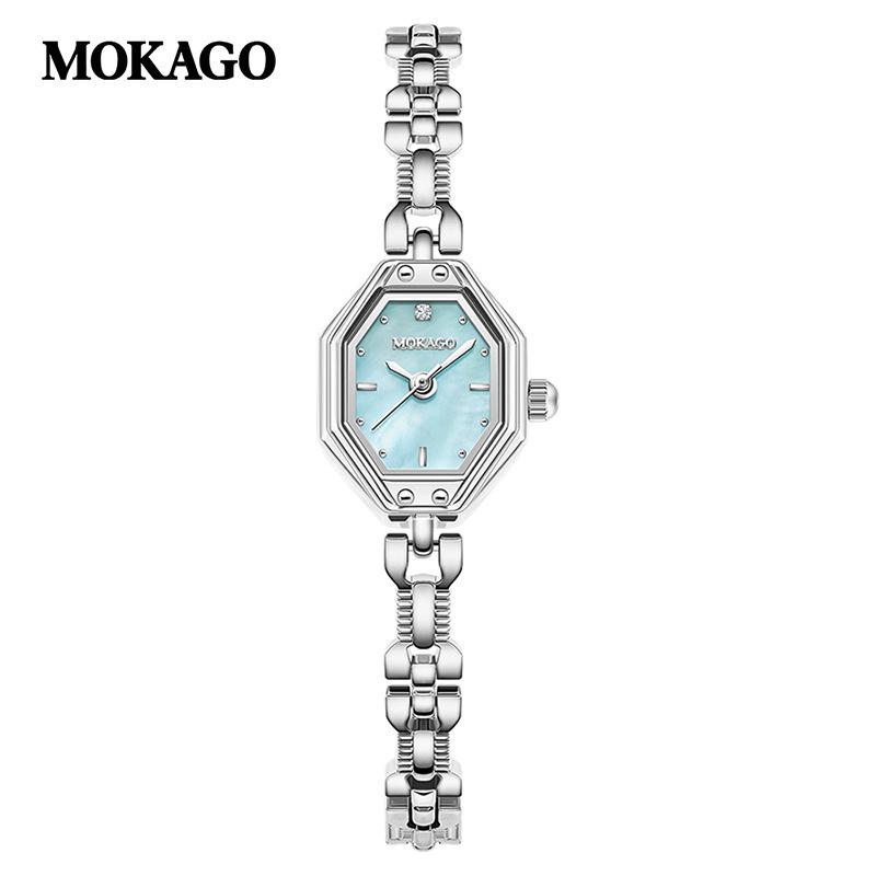 Mokaga Luxury Women s Octagonal Mother-of-Pearl Quartz Bracelet Watch - Retro Fashion, Waterproof. синий цвет-серебро
