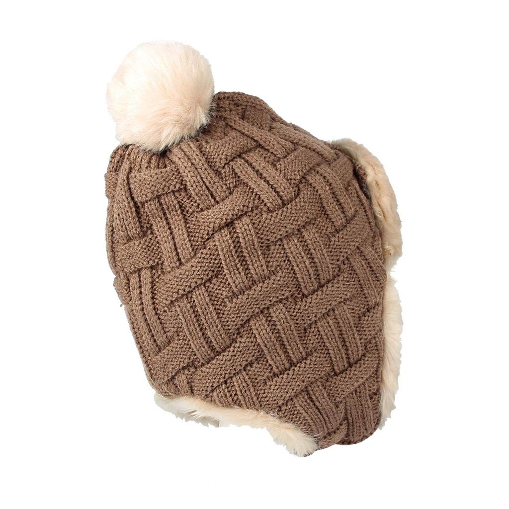 With Moons FZ70022 (Brown) Warm Winter Knit Hat with Earflaps and Pompoms, Woven-Look Design, Fur Lining