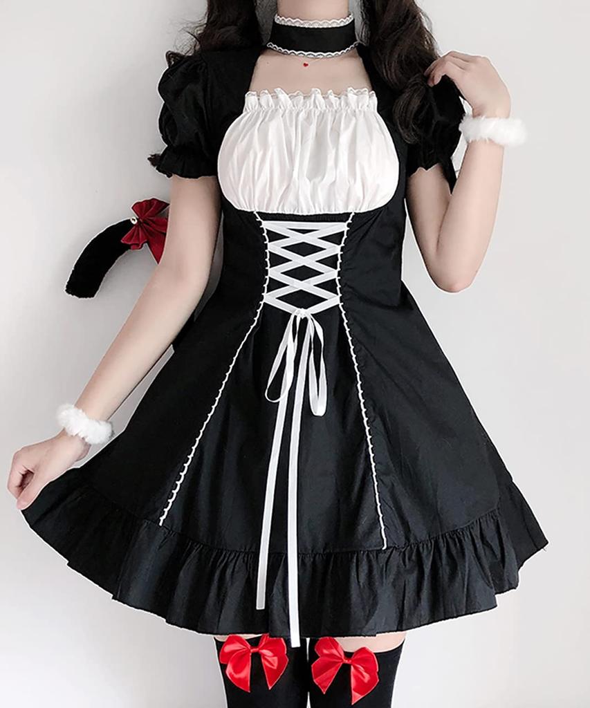 Robe Lolita pour femme Milky Time avec manches bouffantes, ras-du-cou et longueur mini, noire, costume de cosplay