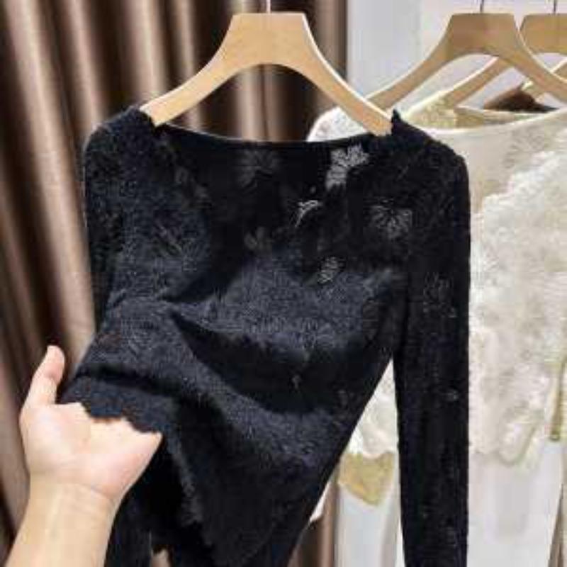 Brushed Lace Long-sleeved Bottoming Women's Autumn and Winter New V-neck High-end Soft Waxy Slim Inner T-shirt Top