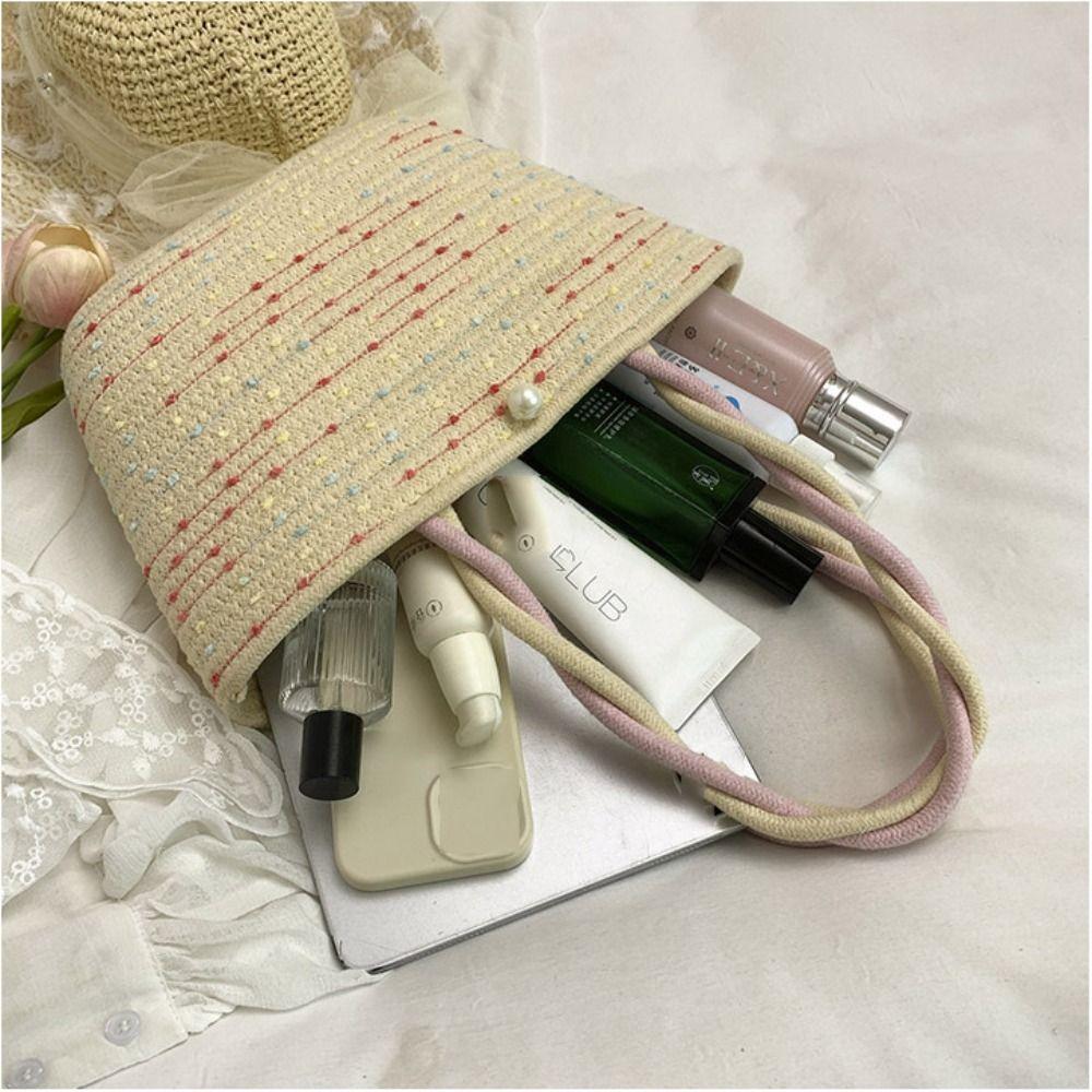 With Ribbon Woven Tote Bag Korean Style Summer Beach Bag Casual Pink Tote Handbag  Female