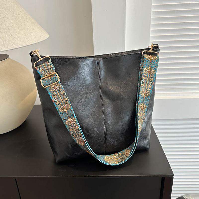 Wide Geometric Strap Shoulder Bag Large Capacity Crossbody Bags For Women Retro Pu Leather Women's Bag For Shopping Travel