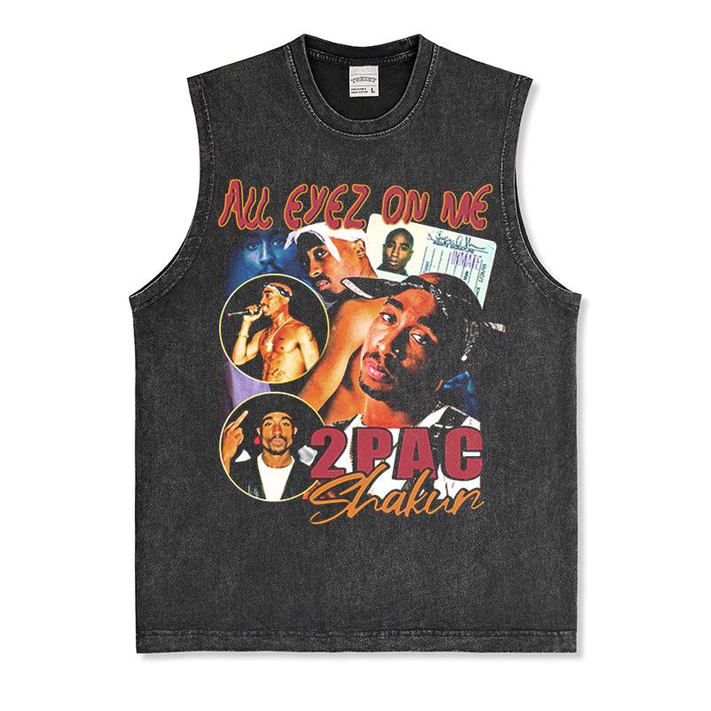 Canotta Senza Maniche Tupac Grafica Retro High Street Cotone Pesante