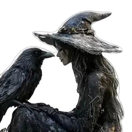 Halloween Crow Witch Acrylic Ornament 2D Spooky Raven Witch Table Sign with Base Home Office Bookshelf Desktop Decoration