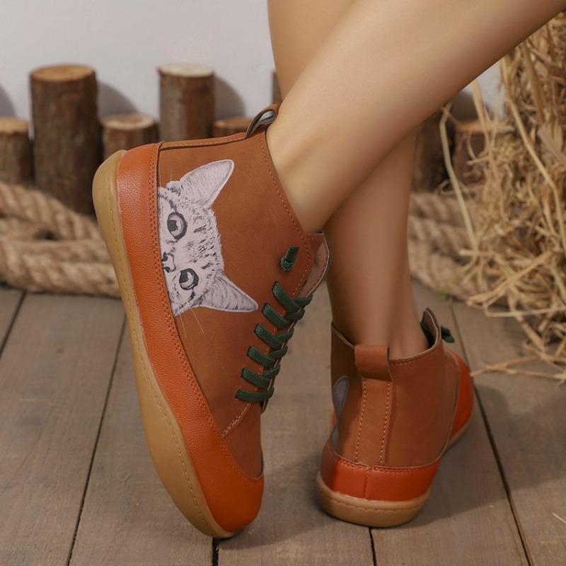 Botas Femininas Plus Size Estampa de Gato Cano Curto Salto Baixo Cadarço Moda Confortáveis Todas as Estações Primavera Outono