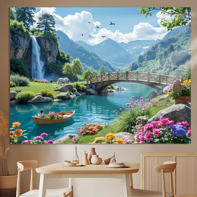 2D Bergsee-Wandteppich, 2D-Flachdruck Wasserfall und Brücke mit lebendigem Blumenhintergrundstoff