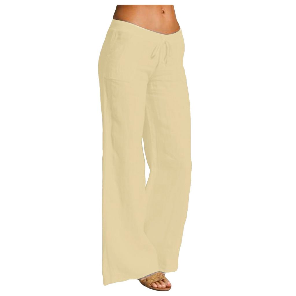 Women's Casual Cotton Linen Elastic Waist Drawstring Long Wide Leg Pants