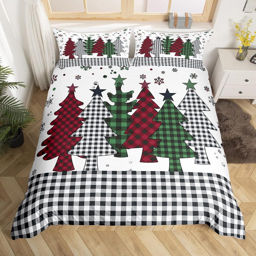 Geometric Grid Christmas Tree Three-Piece Digital Printed Bedding Set Bed Cover