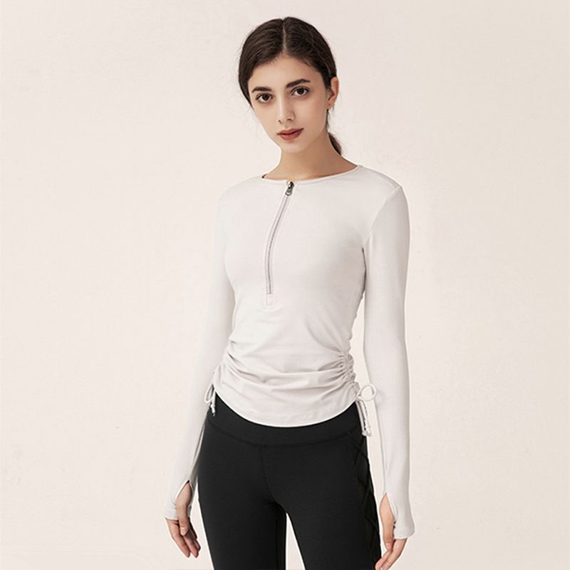 

Drawstring Top Women s Long-Sleeved Workout Clothes Slim Fit Waist-Controlled Slimming Quick-Drying Yoga Clothes Women s Running Smock Spring & Fall Fog White M